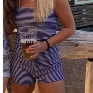 Zara Blue & White Striped Cotton Stretch 1 Piece Romper - size M NWT